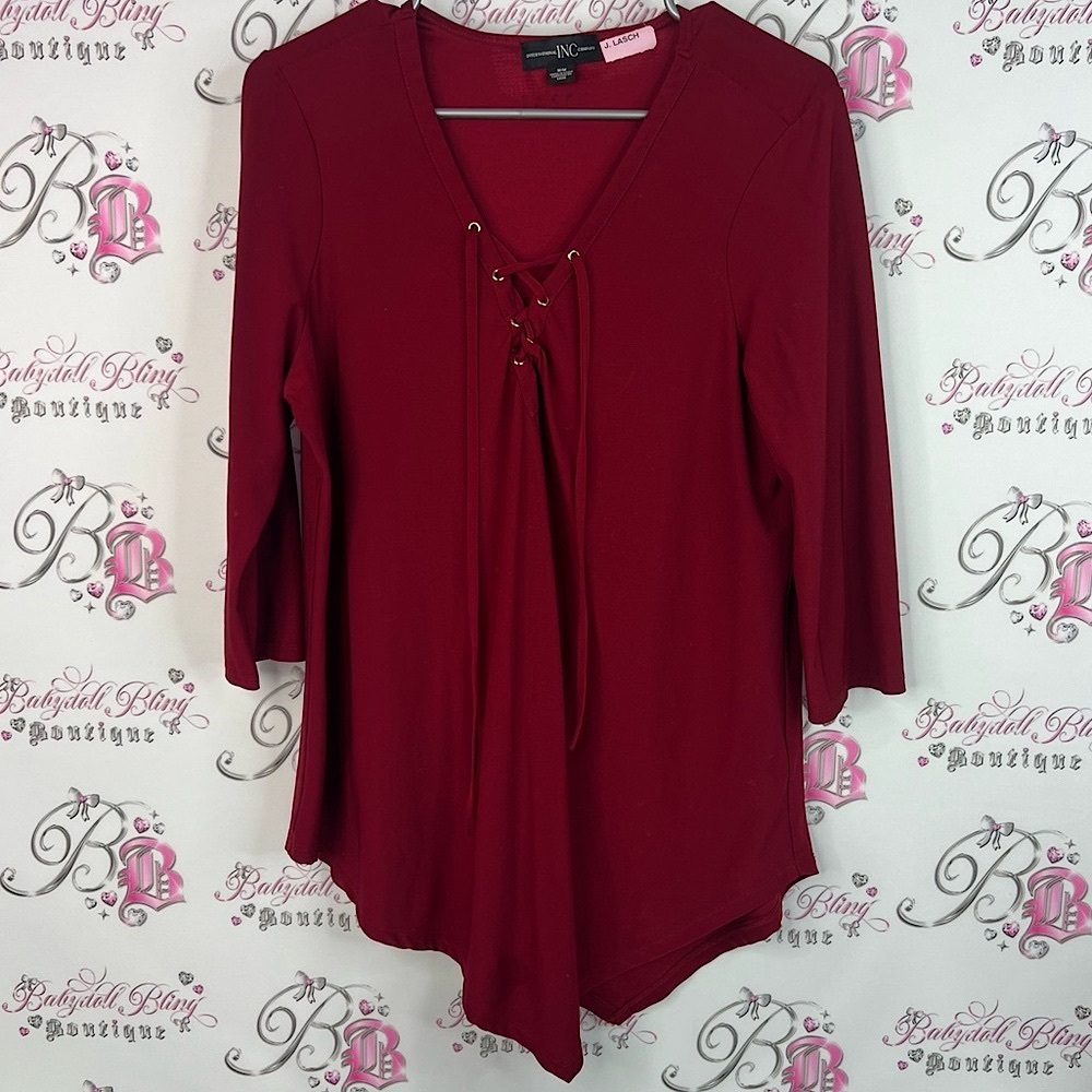 INC International Concepts blouse asymmetrical fairy hem Burgundy Lace-Up